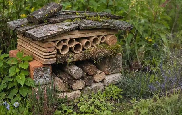 Naturnaher Unterschlupf aus Holz Rinde und Pflanzenstängeln im Garten; Thema Pflegeleichter Garten, Schwerpunkt Praxisbeispiele; Kontrolle.