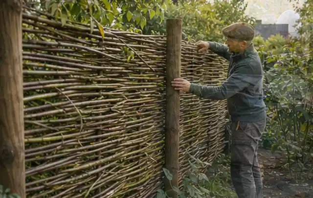 Person befestigt geflochtene Weidenruten an stabilen Holzpfosten im Garten; Thema Pflegeleichter Garten, Schwerpunkt Praxisbeispiele; Ergebnis.