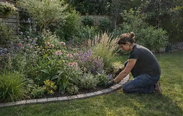 Person pflegt die klare Kante eines geschwungenen blühenden Staudenbeets; Thema Pflegeleichter Garten, Schwerpunkt Praxisbeispiele; Praxisalltag.