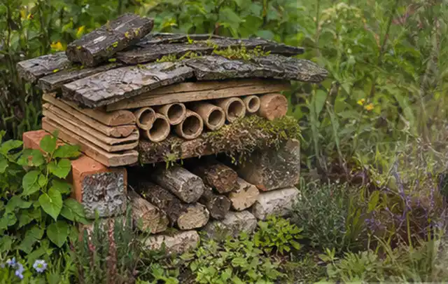 Naturnaher Unterschlupf aus Holz Rinde und Pflanzenstängeln im Garten; Thema Pflegeleichter Garten, Schwerpunkt Privatsphäre; Umsetzung.