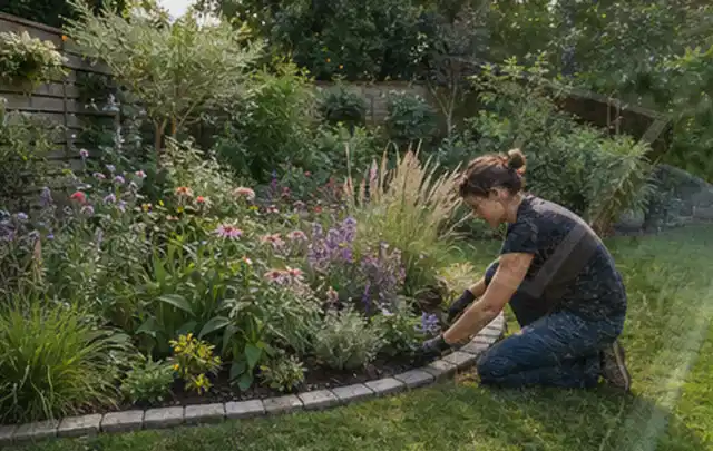 Person pflegt die klare Kante eines geschwungenen blühenden Staudenbeets; Thema Pflegeleichter Garten, Schwerpunkt Privatsphäre; Ergebnis.