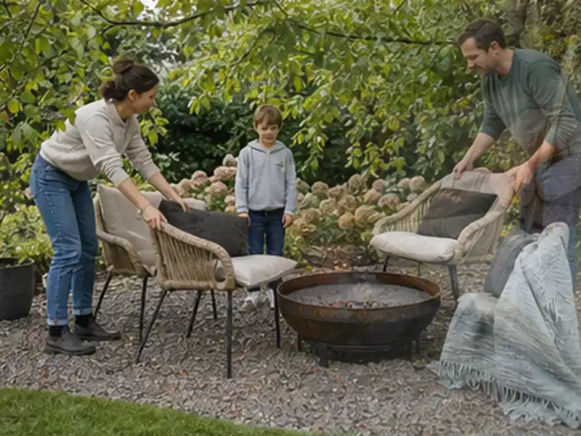 Familie stellt wetterfeste Sessel an einem geschützten Sitzplatz im Garten auf; Thema Pflegeleichter Garten, Schwerpunkt Wegeführung; Titelbild.
