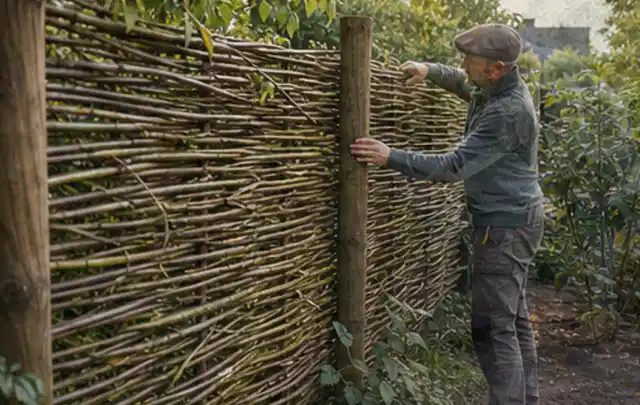 Person befestigt geflochtene Weidenruten an stabilen Holzpfosten im Garten; Thema Pflegeleichter Garten, Schwerpunkt Wegeführung; Umsetzung.