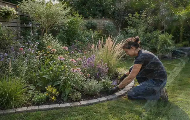 Person pflegt die klare Kante eines geschwungenen blühenden Staudenbeets; Thema Pflegeleichter Garten, Schwerpunkt Wegeführung; Kontrolle.