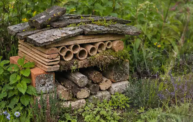 Naturnaher Unterschlupf aus Holz Rinde und Pflanzenstängeln im Garten; Thema Pflegeleichter Garten, Schwerpunkt Wegeführung; Praxisalltag.
