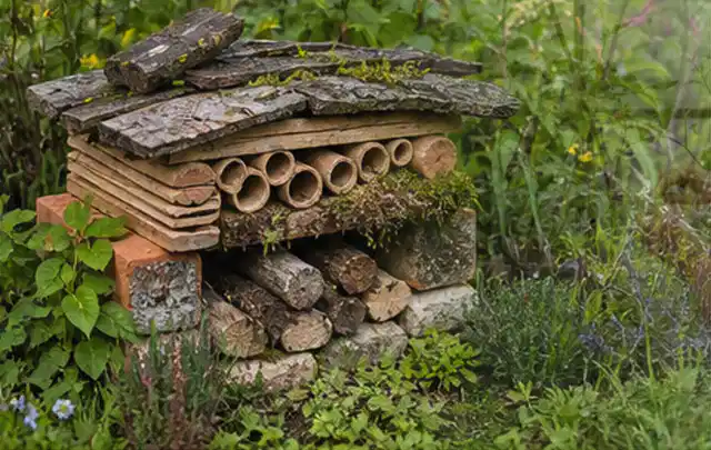 Naturnaher Unterschlupf aus Holz Rinde und Pflanzenstängeln im Garten; Thema Pilze, Schwerpunkt Schädlinge Krankheiten; Ergebnis.