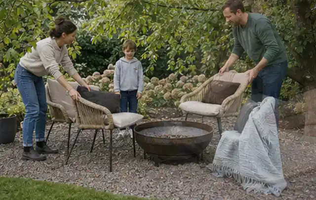 Familie stellt wetterfeste Sessel an einem geschützten Sitzplatz im Garten auf; Thema Pizzaöfen, Schwerpunkt Anwendung; Kontrolle.