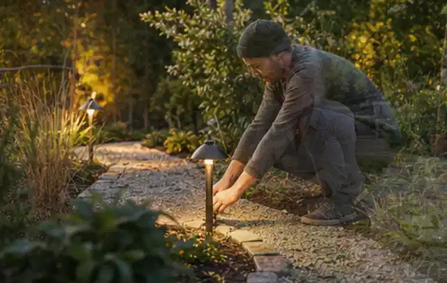 Person richtet eine niedrige warm leuchtende Gartenlampe am Kiesweg aus; Thema Pizzaöfen, Schwerpunkt Bestenliste; Ausgangslage.