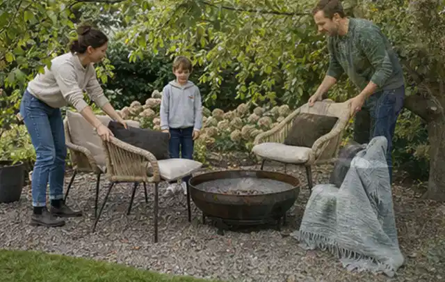 Familie stellt wetterfeste Sessel an einem geschützten Sitzplatz im Garten auf; Thema Pizzaöfen, Schwerpunkt Bestenliste; Umsetzung.