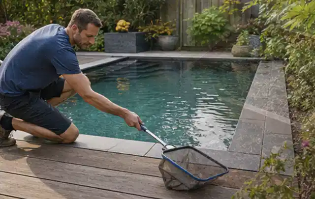 Person entfernt Blätter mit einem Kescher aus einem kleinen Gartenpool; Thema Pizzaöfen, Schwerpunkt Bestenliste; Ergebnis.