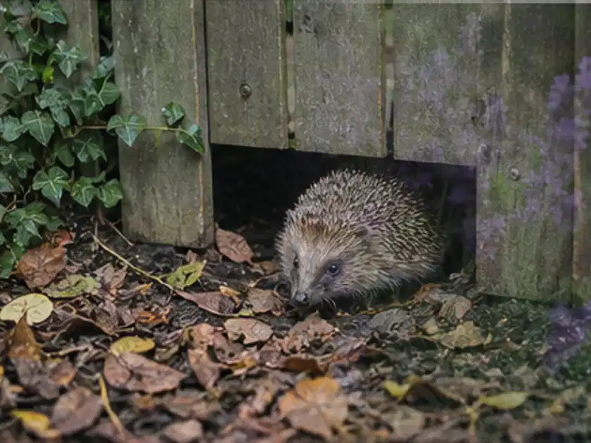 Igel nutzt einen bodennahen Durchgang unter einem hölzernen Gartenzaun; Thema Pizzaöfen, Schwerpunkt Checkliste; Titelbild.