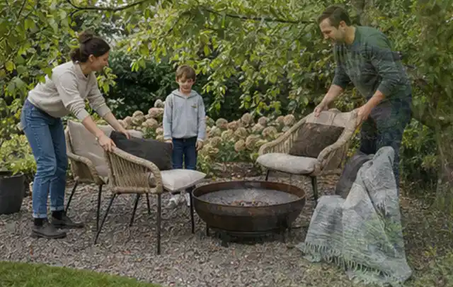 Familie stellt wetterfeste Sessel an einem geschützten Sitzplatz im Garten auf; Thema Pizzaöfen, Schwerpunkt Checkliste; Umsetzung.