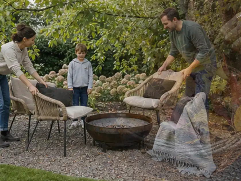 Familie stellt wetterfeste Sessel an einem geschützten Sitzplatz im Garten auf; Thema Pizzaöfen, Schwerpunkt Dimensionierung; Titelbild.