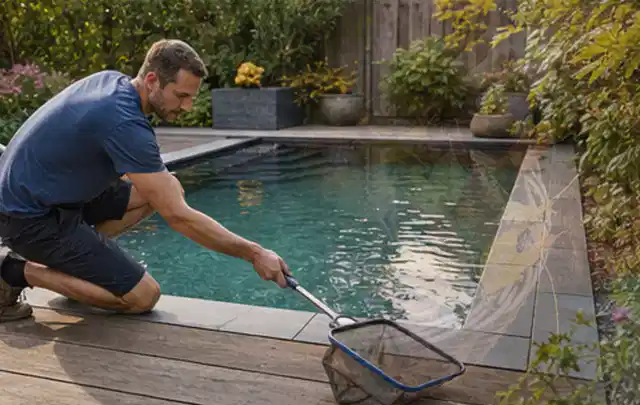 Person entfernt Blätter mit einem Kescher aus einem kleinen Gartenpool; Thema Pizzaöfen, Schwerpunkt Dimensionierung; Ausgangslage.