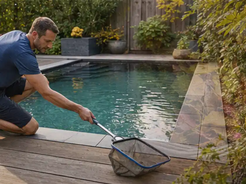 Person entfernt Blätter mit einem Kescher aus einem kleinen Gartenpool; Thema Pizzaöfen, Schwerpunkt Ersatzteile; Titelbild.