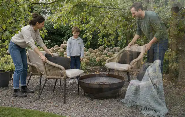 Familie stellt wetterfeste Sessel an einem geschützten Sitzplatz im Garten auf; Thema Pizzaöfen, Schwerpunkt Ersatzteile; Ergebnis.