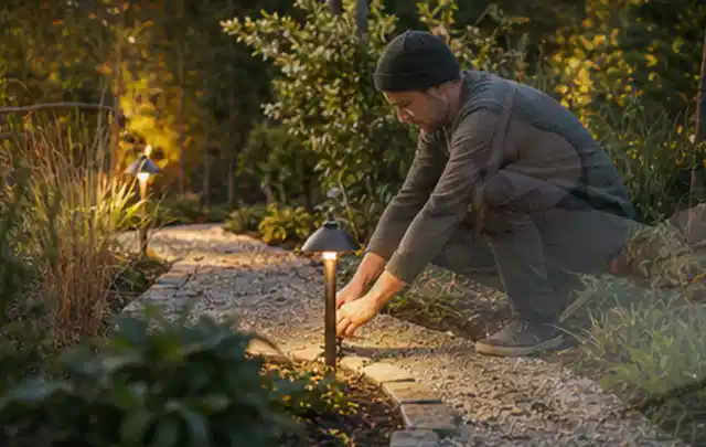 Person richtet eine niedrige warm leuchtende Gartenlampe am Kiesweg aus; Thema Pizzaöfen, Schwerpunkt Fehlerhilfe; Ergebnis.