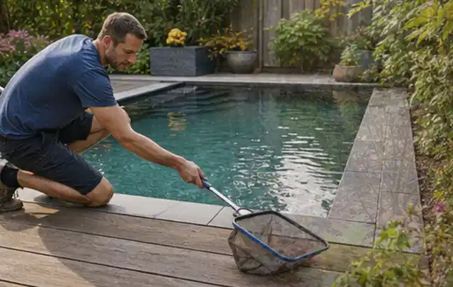 Person entfernt Blätter mit einem Kescher aus einem kleinen Gartenpool; Thema Pizzaöfen, Schwerpunkt Fehlerhilfe; Praxisalltag.