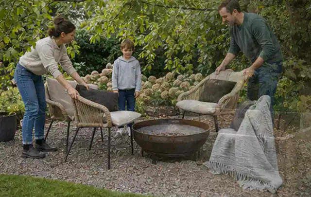 Familie stellt wetterfeste Sessel an einem geschützten Sitzplatz im Garten auf; Thema Pizzaöfen, Schwerpunkt Gärten mit großer Fläche; Kontrolle.