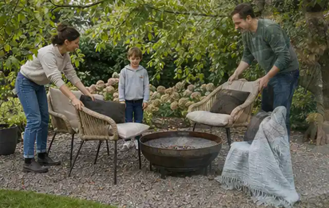 Familie stellt wetterfeste Sessel an einem geschützten Sitzplatz im Garten auf; Thema Pizzaöfen, Schwerpunkt Gärten mit kleiner Fläche; Umsetzung.