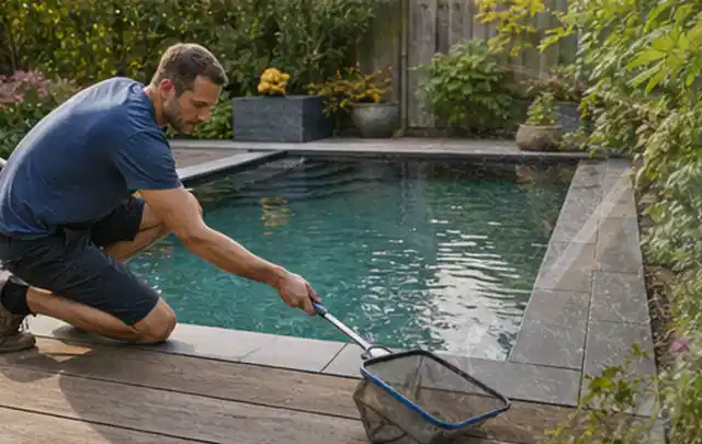 Person entfernt Blätter mit einem Kescher aus einem kleinen Gartenpool; Thema Pizzaöfen, Schwerpunkt Gärten mit kleiner Fläche; Ergebnis.