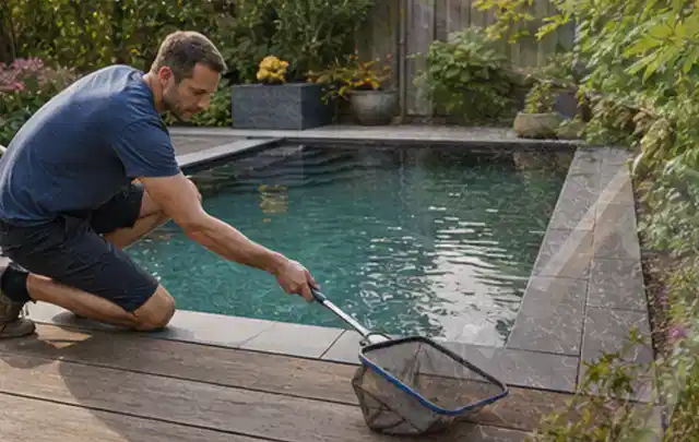 Person entfernt Blätter mit einem Kescher aus einem kleinen Gartenpool; Thema Pizzaöfen, Schwerpunkt Kosten; Praxisalltag.