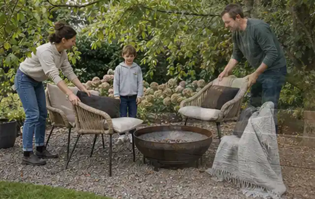 Familie stellt wetterfeste Sessel an einem geschützten Sitzplatz im Garten auf; Thema Pizzaöfen, Schwerpunkt Leistung; Ausgangslage.