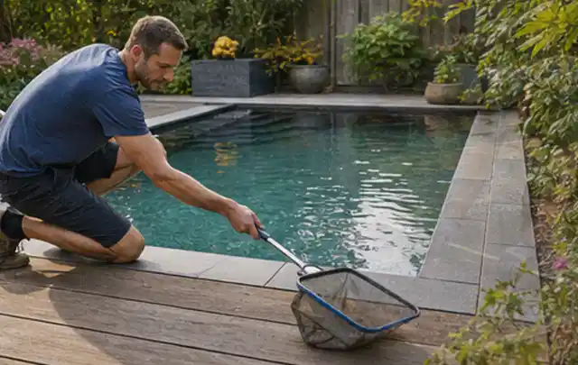 Person entfernt Blätter mit einem Kescher aus einem kleinen Gartenpool; Thema Pizzaöfen, Schwerpunkt Leistung; Praxisalltag.