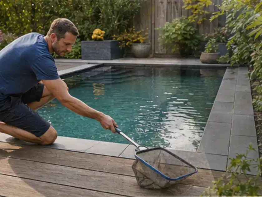 Person entfernt Blätter mit einem Kescher aus einem kleinen Gartenpool; Thema Pizzaöfen, Schwerpunkt Nachhaltigkeit; Titelbild.