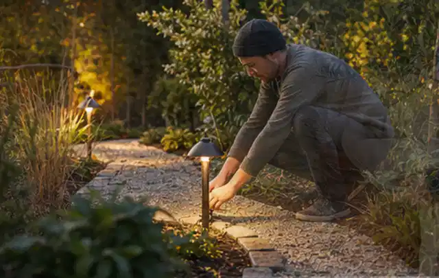 Person richtet eine niedrige warm leuchtende Gartenlampe am Kiesweg aus; Thema Pizzaöfen, Schwerpunkt Nachhaltigkeit; Ausgangslage.