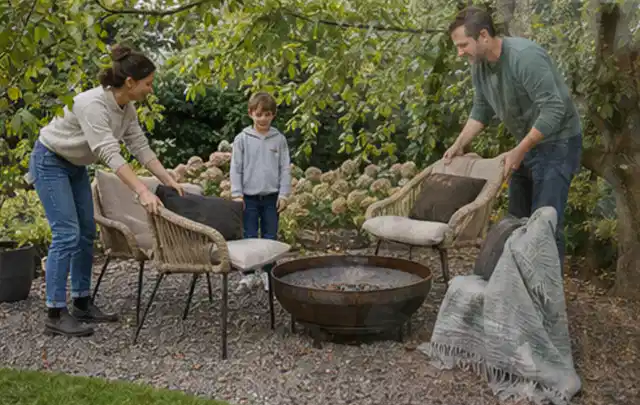 Familie stellt wetterfeste Sessel an einem geschützten Sitzplatz im Garten auf; Thema Pizzaöfen, Schwerpunkt Outdoor Freizeit; Ausgangslage.