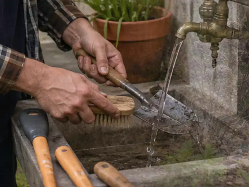Hände reinigen gebrauchte Gartengeräte mit Bürste und Wasser am Außenbecken; Thema Pizzaöfen, Schwerpunkt Reinigung; Titelbild.
