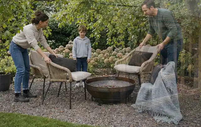 Familie stellt wetterfeste Sessel an einem geschützten Sitzplatz im Garten auf; Thema Pizzaöfen, Schwerpunkt Reinigung; Ergebnis.