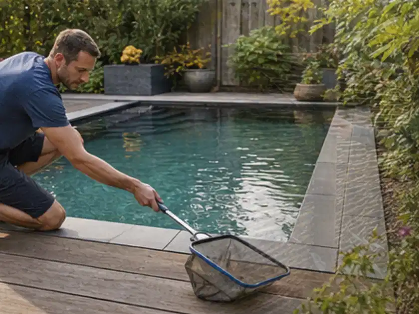 Person entfernt Blätter mit einem Kescher aus einem kleinen Gartenpool; Thema Pizzaöfen, Schwerpunkt Reparatur; Titelbild.