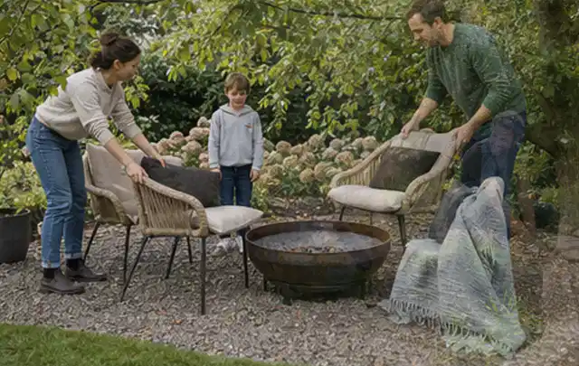Familie stellt wetterfeste Sessel an einem geschützten Sitzplatz im Garten auf; Thema Pizzaöfen, Schwerpunkt Reparatur; Umsetzung.
