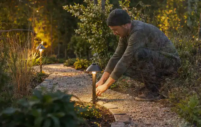 Person richtet eine niedrige warm leuchtende Gartenlampe am Kiesweg aus; Thema Pizzaöfen, Schwerpunkt Reparatur; Ergebnis.