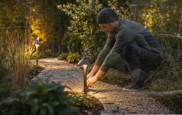 Person richtet eine niedrige warm leuchtende Gartenlampe am Kiesweg aus; Thema Pizzaöfen, Schwerpunkt Sicherheit; Umsetzung.