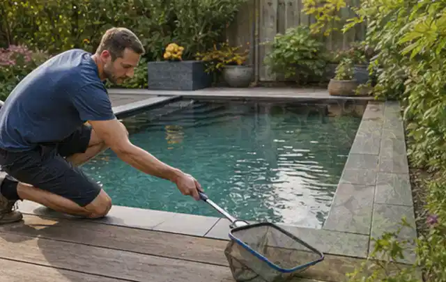 Person entfernt Blätter mit einem Kescher aus einem kleinen Gartenpool; Thema Pizzaöfen, Schwerpunkt Sicherheit; Ergebnis.