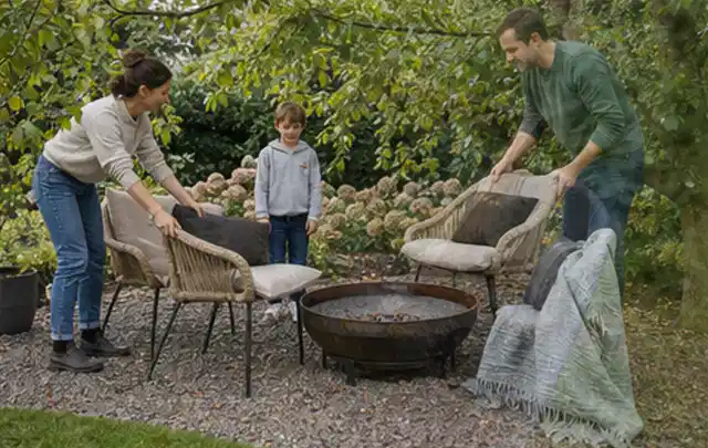 Familie stellt wetterfeste Sessel an einem geschützten Sitzplatz im Garten auf; Thema Pizzaöfen, Schwerpunkt Systemvergleich; Umsetzung.