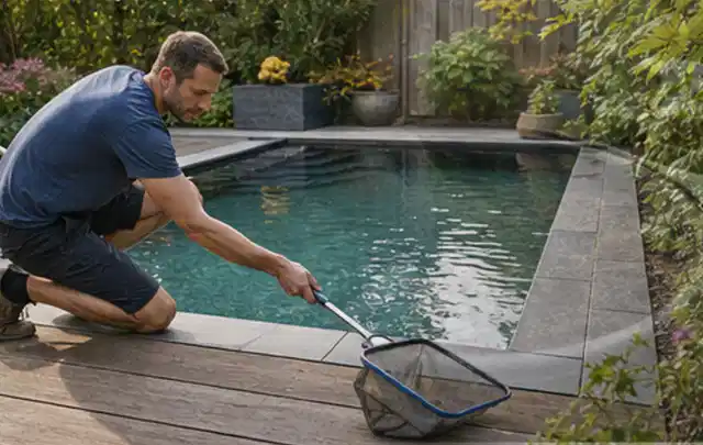 Person entfernt Blätter mit einem Kescher aus einem kleinen Gartenpool; Thema Pizzaöfen, Schwerpunkt Systemvergleich; Kontrolle.