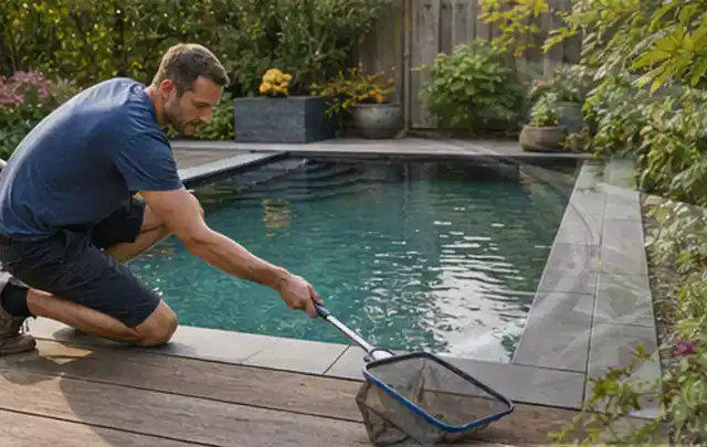 Person entfernt Blätter mit einem Kescher aus einem kleinen Gartenpool; Thema Pizzaöfen, Schwerpunkt Testkriterien; Ausgangslage.