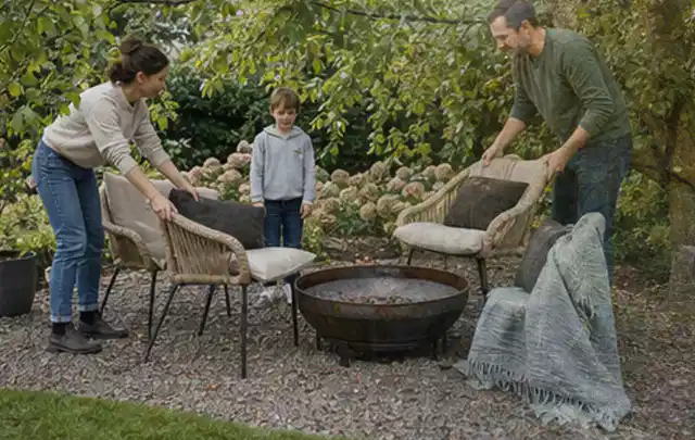 Familie stellt wetterfeste Sessel an einem geschützten Sitzplatz im Garten auf; Thema Pizzaöfen, Schwerpunkt Testkriterien; Ergebnis.