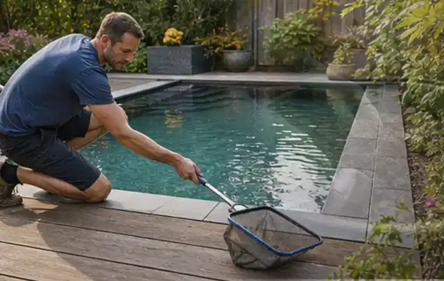 Person entfernt Blätter mit einem Kescher aus einem kleinen Gartenpool; Thema Pizzaöfen, Schwerpunkt Vergleich; Ausgangslage.