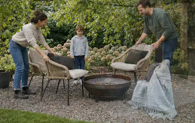 Familie stellt wetterfeste Sessel an einem geschützten Sitzplatz im Garten auf; Thema Pizzaöfen, Schwerpunkt Wartung; Umsetzung.