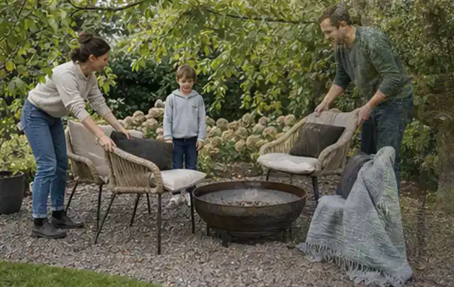 Familie stellt wetterfeste Sessel an einem geschützten Sitzplatz im Garten auf; Thema Poolabdeckungen, Schwerpunkt Anwendung; Ausgangslage.