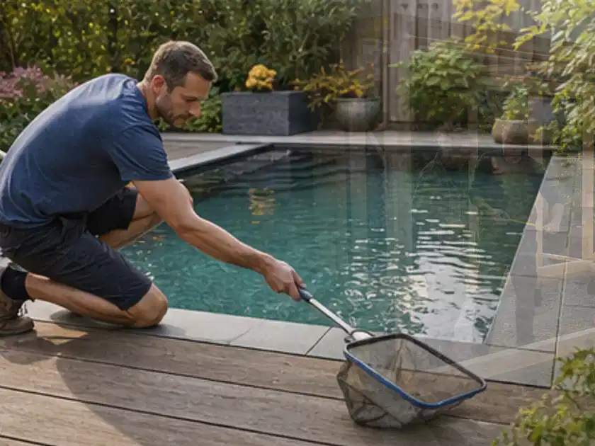 Person entfernt Blätter mit einem Kescher aus einem kleinen Gartenpool; Thema Poolabdeckungen, Schwerpunkt Checkliste; Titelbild.