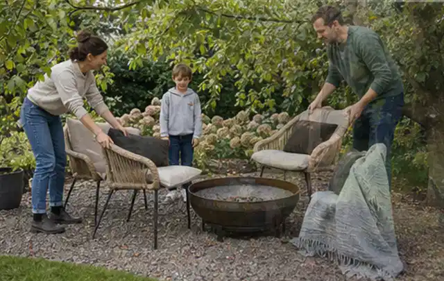 Familie stellt wetterfeste Sessel an einem geschützten Sitzplatz im Garten auf; Thema Poolabdeckungen, Schwerpunkt Checkliste; Ergebnis.
