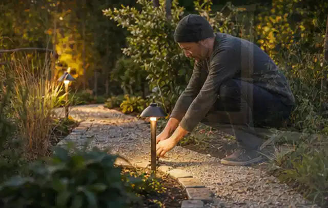 Person richtet eine niedrige warm leuchtende Gartenlampe am Kiesweg aus; Thema Poolabdeckungen, Schwerpunkt Ersatzteile; Ausgangslage.