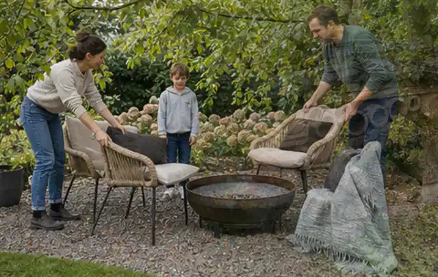Familie stellt wetterfeste Sessel an einem geschützten Sitzplatz im Garten auf; Thema Poolabdeckungen, Schwerpunkt Ersatzteile; Umsetzung.