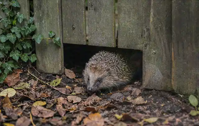 Igel nutzt einen bodennahen Durchgang unter einem hölzernen Gartenzaun; Thema Poolabdeckungen, Schwerpunkt Ersatzteile; Ergebnis.